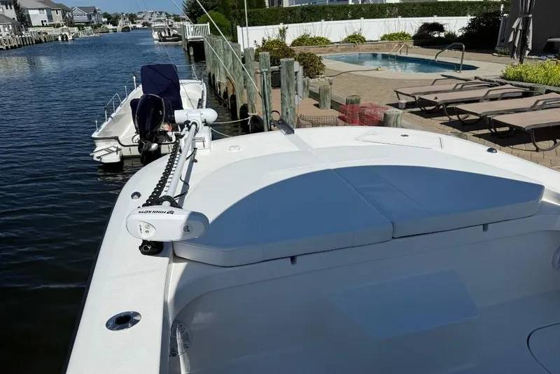 Slide: The Image of 2025 Tideline 235 Hybrid boat docked by a canal with poolside view. - 20