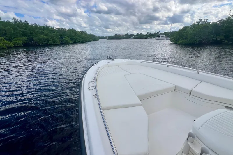Slide: The Image of 2009 Boston Whaler 230 Dauntless boat on calm water, surrounded by lush greenery. - 12