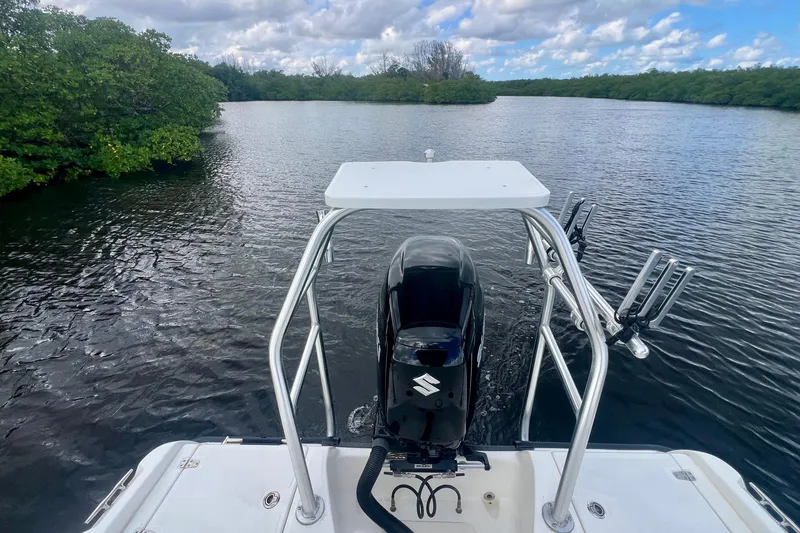 Slide: The Image of 2009 Boston Whaler 230 Dauntless boat on a serene lake with lush greenery. - 20
