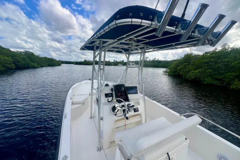 Slide: The Image of 2009 Boston Whaler 230 Dauntless boat on a serene river with lush greenery. - 8