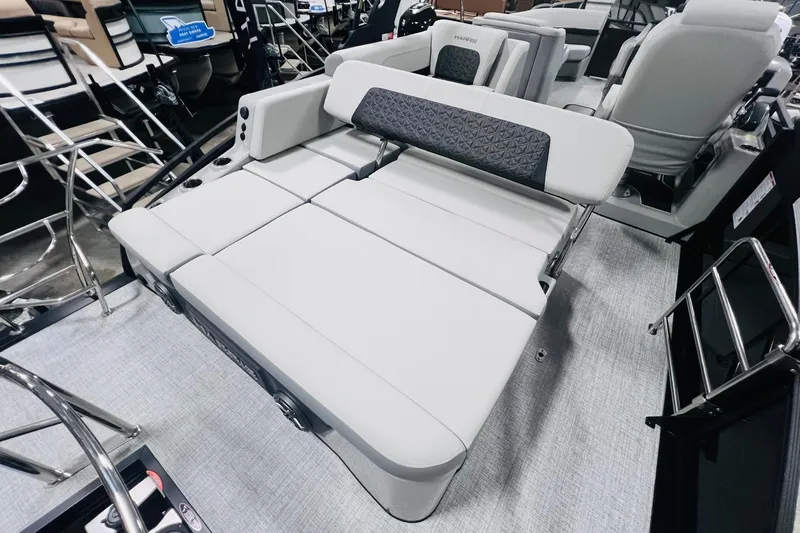Slide: The Image of 2025 Harris Solstice 250 boat interior with luxurious seating and modern design. - 18