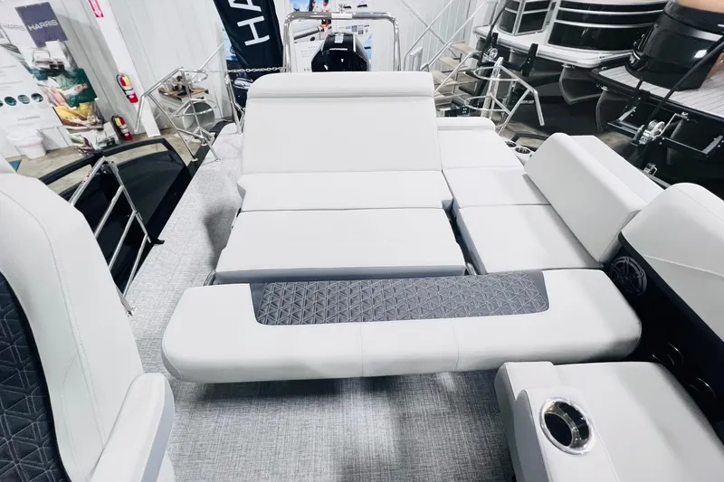 Slide: The Image of 2025 Harris Solstice 250 boat interior with luxurious seating and modern design. - 20