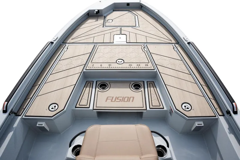 Slide: The Image of 2026 Avid 23 Fusion boat deck with sleek design and integrated storage compartments. - 11