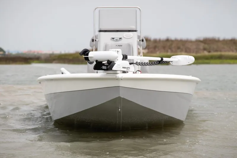 Slide: The Image of Front view of 2026 Avid 21 Fusion boat on water, featuring Minn Kota motor. - 8
