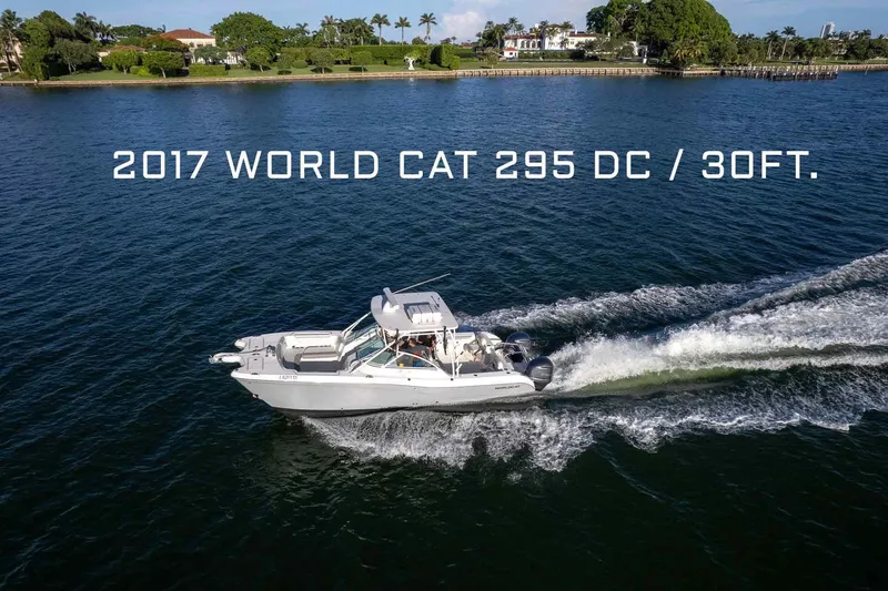 The Image of 2017 World Cat 295 DC boat cruising on water, aerial view. - 0