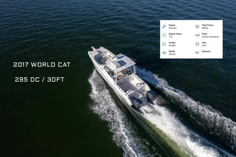 Slide: The Image of 2017 World Cat 295 DC power catamaran cruising on open water, aerial view. - 1