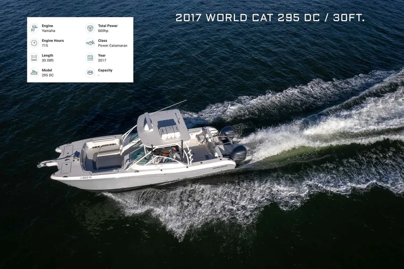 Slide: The Image of 2017 World Cat 295 DC power catamaran cruising on open water, 30ft length. - 3