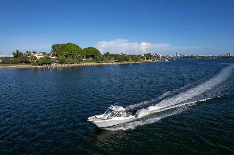 Slide: The Image of 2017 World Cat 295 DC cruising on a scenic waterway under a clear blue sky. - 40