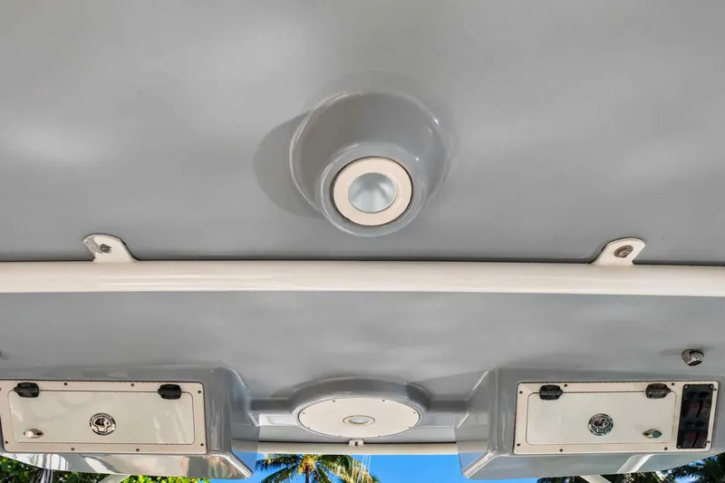 Slide: The Image of Ceiling view of 2017 World Cat 295 DC boat with storage compartments and light fixture. - 49