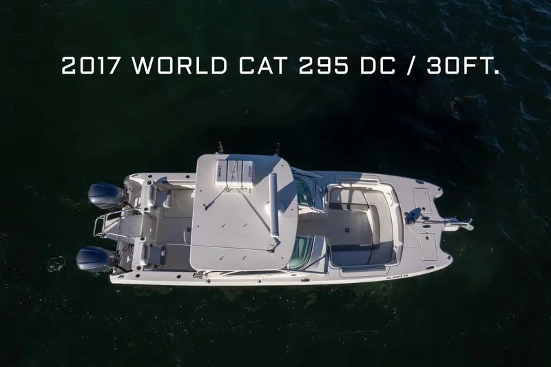 Slide: The Image of Aerial view of 2017 World Cat 295 DC boat on water, 30 feet long. - 5