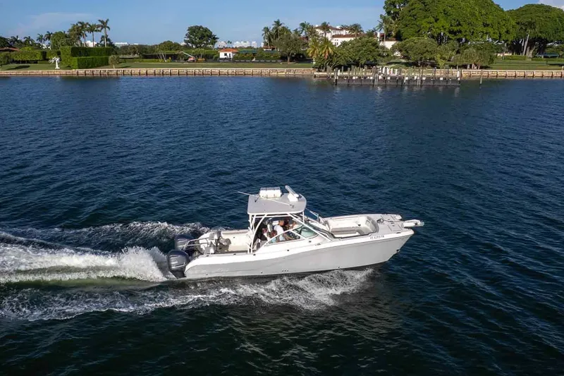 Slide: The Image of 2017 World Cat 295 DC cruising on a scenic waterway with lush greenery. - 6