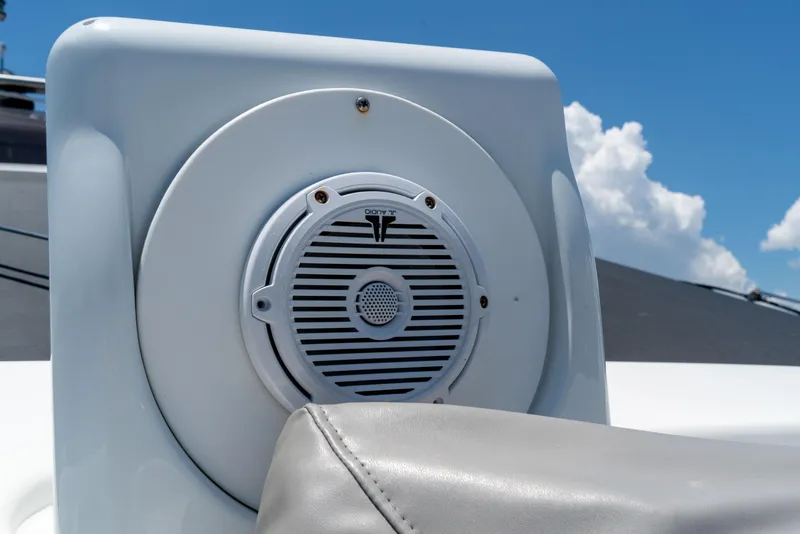 Slide: The Image of Speaker system on 2015 Ferretti Yachts 750, set against a clear blue sky. - 27