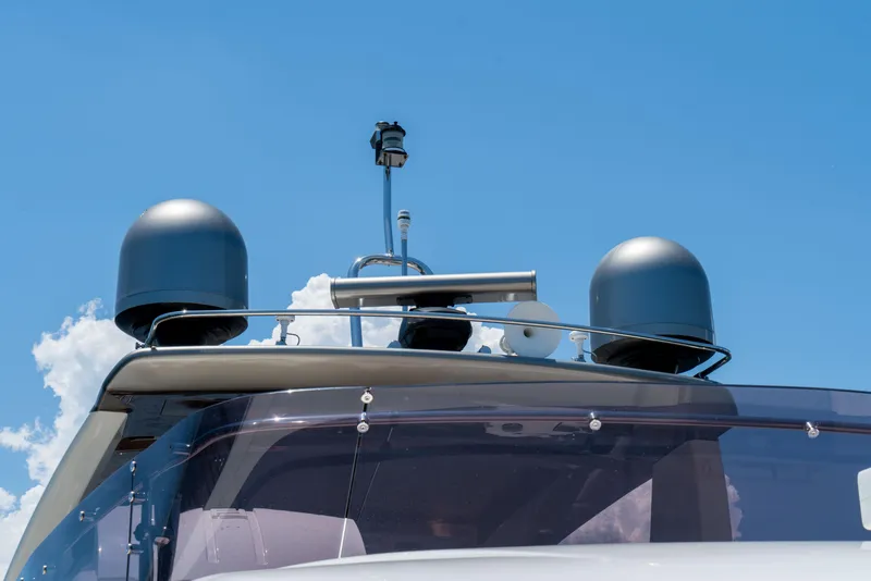 Slide: The Image of Top view of a 2015 Ferretti Yachts 750, featuring radar and communication equipment. - 30