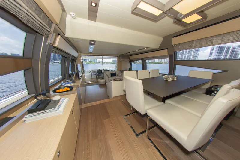 Slide: The Image of Luxurious interior of 2015 Ferretti Yachts 750 with elegant dining area and waterfront view. - 36