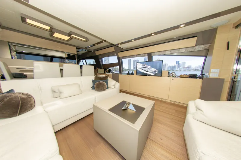Slide: The Image of Luxurious interior of 2015 Ferretti Yachts 750 with modern furnishings and city view. - 38