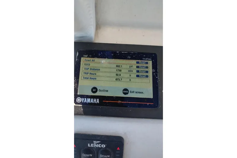 Slide: The Image of Yamaha display showing trip data on 2018 Steiger Craft 23 boat. - 13