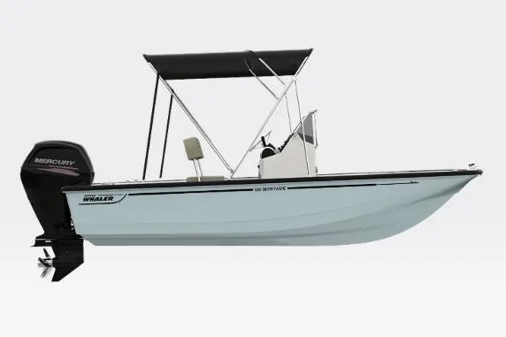 The Image of 2026 Boston Whaler 150 Montauk boat with Mercury outboard motor and canopy. - 1