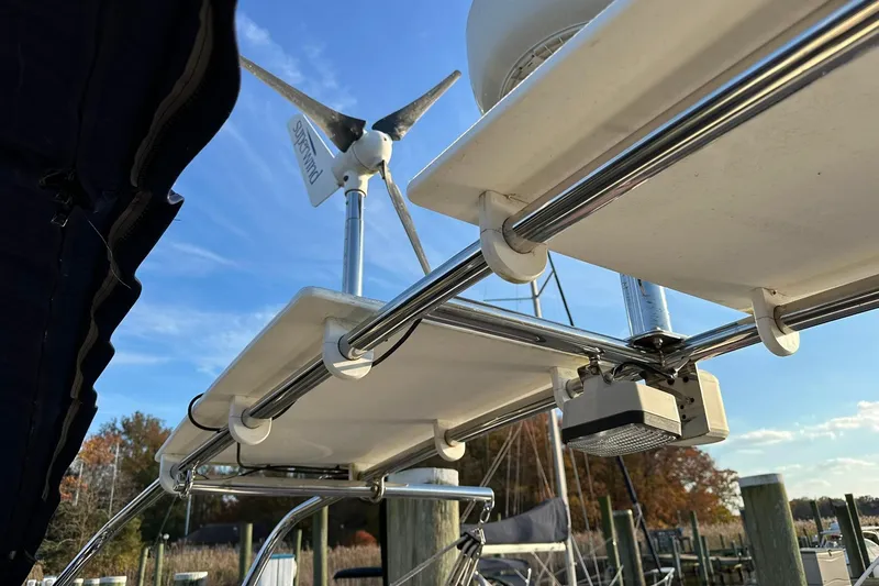 Slide: The Image of Wind turbine and solar panels on 2008 Jeanneau Sun Odyssey 42 DS sailboat. - 12