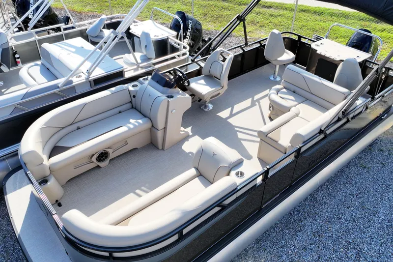 Slide: The Image of 2026 Tahoe Pontoon Sport 85 Rear Fish boat with spacious seating and modern design. - 2