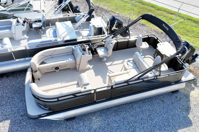 Slide: The Image of 2026 Tahoe Pontoon Sport 85 Rear Fish boat with spacious seating and modern design. - 3