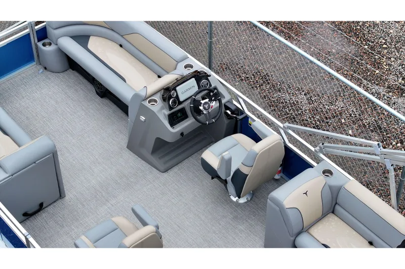 Slide: The Image of 2026 Tahoe Pontoon Sport 85 Quad Lounger interior with modern seating and navigation system. - 4