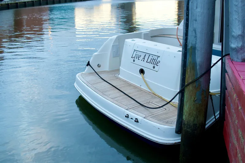 Slide: The Image of 2006 Sea Ray 44 Sedan Bridge docked, displaying "Live A Little" on the stern. - 3