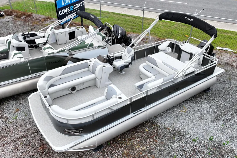 Slide: The Image of 2026 Tahoe Pontoon Sport 85 Rear Fish boat displayed at Cove 2 Coast Marine. - 2