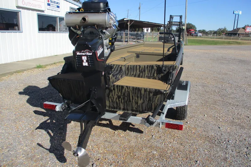 Slide: The Image of 2026 Gator Tail 1750 Savage Mid Deck boat on trailer, rear view. - 6