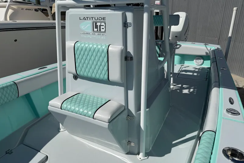 Slide: The Image of 2018 Latitude Tournament Boats Competitor 25 with teal and white seating, sleek design. - 15