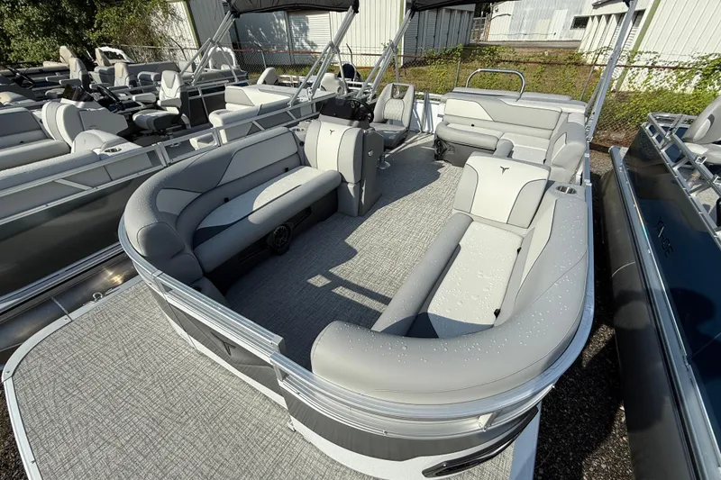 Slide: The Image of 2026 Tahoe Pontoon Sport 85 Cruise with spacious seating and modern design. - 3