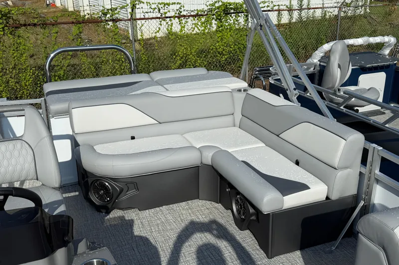 Slide: The Image of 2026 Tahoe Pontoon Sport 85 Cruise with sleek gray seating and modern design. - 6
