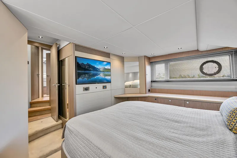 Slide: The Image of Luxurious interior of 2020 Sunseeker Manhattan 52 yacht with modern bedroom design. - 39