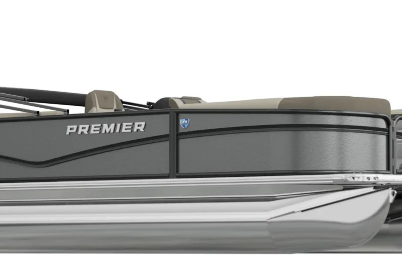 Slide: The Image of 2026 Premier 200 Sunscape RF pontoon boat, sleek design, gray exterior, comfortable seating. - 1
