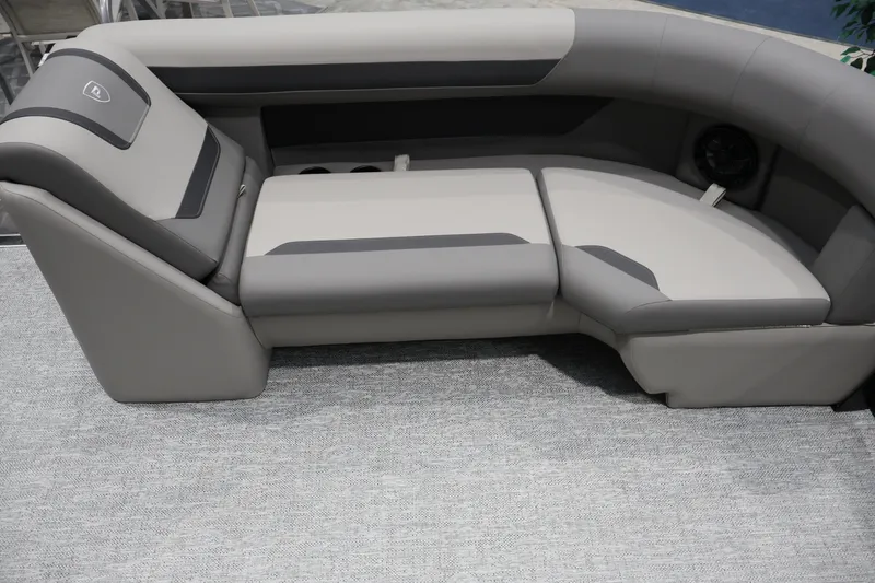 Slide: The Image of Luxurious seating on the 2026 Premier 200 Sunscape RF boat, featuring sleek gray upholstery. - 26