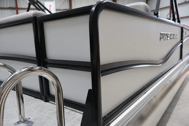 Slide: The Image of 2026 Premier 200 Sunscape RF pontoon boat, sleek design with stainless steel railing. - 10