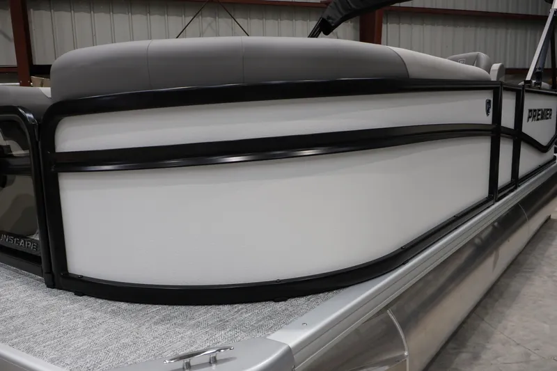 Slide: The Image of 2026 Premier 200 Sunscape RF pontoon boat, sleek design, white and black exterior. - 3