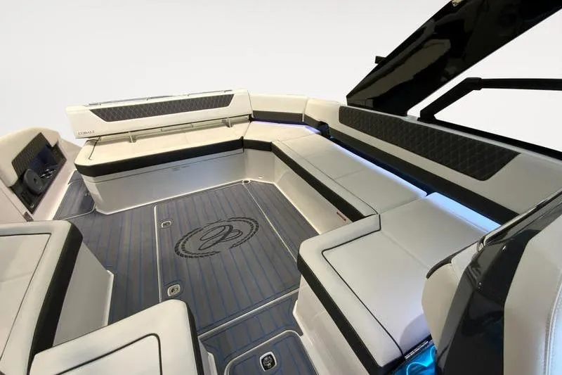 Slide: The Image of Luxurious interior of 2026 Cobalt R35 boat with sleek seating and ambient lighting. - 12