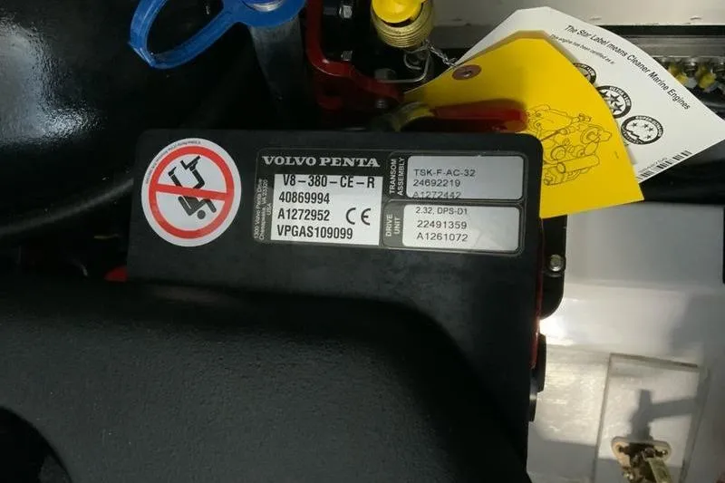Slide: The Image of Engine compartment of a 2026 Cobalt R35 with Volvo Penta V8-380-CE-R label. - 38