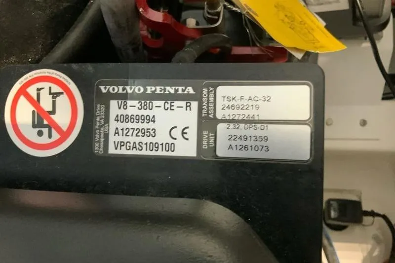 Slide: The Image of Volvo Penta engine label with specifications and warning symbol, Cobalt R35 2026 model. - 39