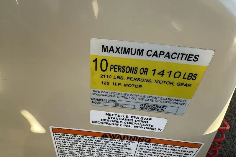 Slide: The Image of 2019 Starcraft EX 20 F4 capacity label: 10 persons or 1410 lbs, 125 HP motor. - 14