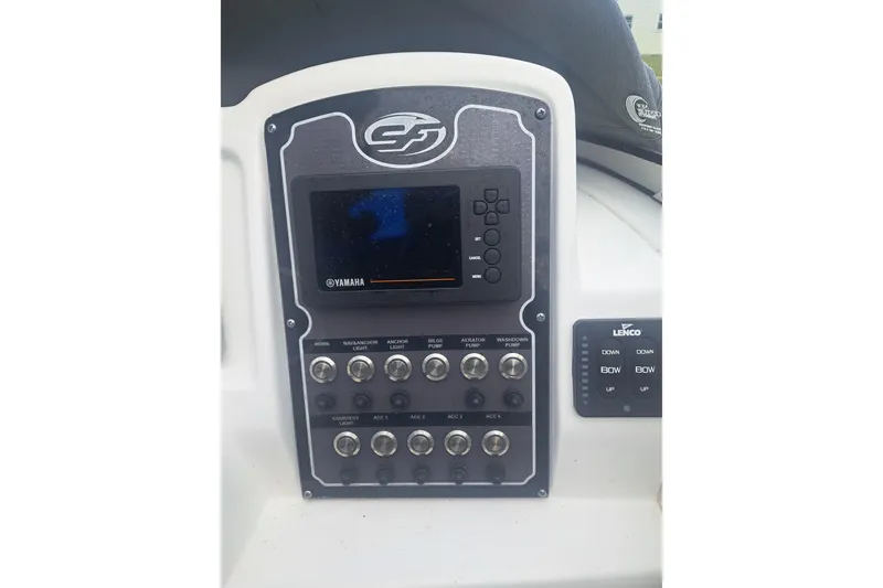 Slide: The Image of 2019 Sea Fox 226 Traveler boat waste cap and cleat on deck, with garden view. - 13