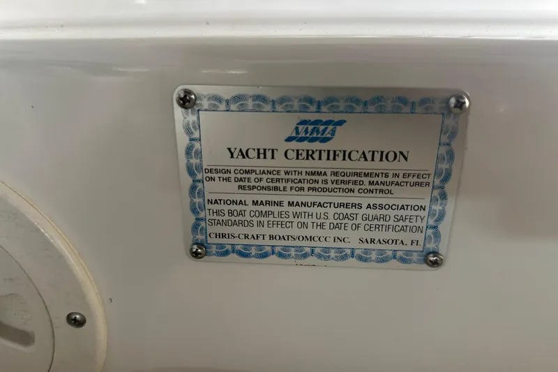 Slide: The Image of Yacht certification plaque on 2000 Chris-Craft 308 Express Cruiser, NMMA compliance, Sarasota, FL. - 31
