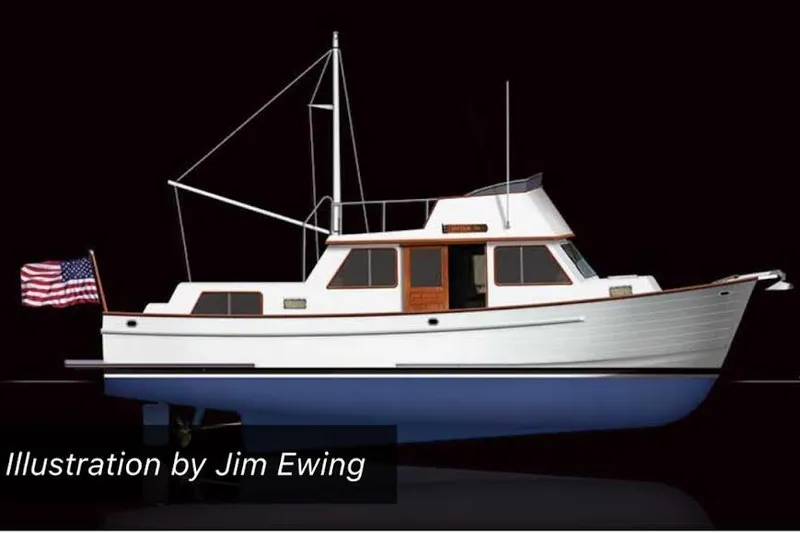 Slide: The Image of 1987 Monk 36 Trawler illustration with American flag, side view. - 7