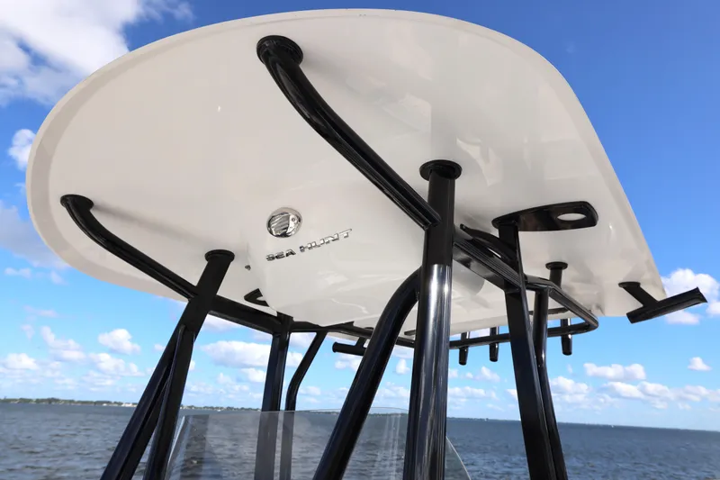 Slide: The Image of 2026 Sea Hunt Ultra 229 boat T-top against blue sky and ocean backdrop. - 17