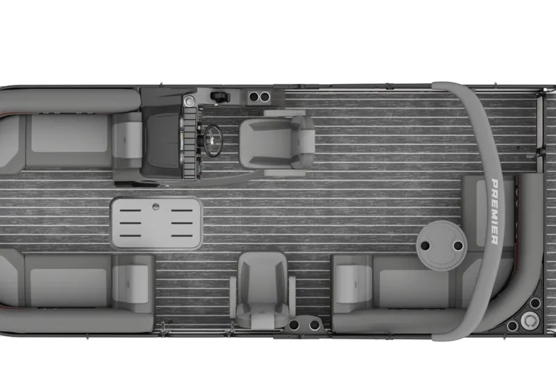 Slide: The Image of 2025 Premier 210 SunSation RE pontoon boat interior layout, featuring spacious seating and helm. - 2