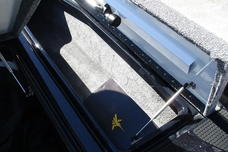 Slide: The Image of Open storage compartment in 2026 Phoenix 818 Pro boat, featuring carpeted interior and hydraulic lift. - 14