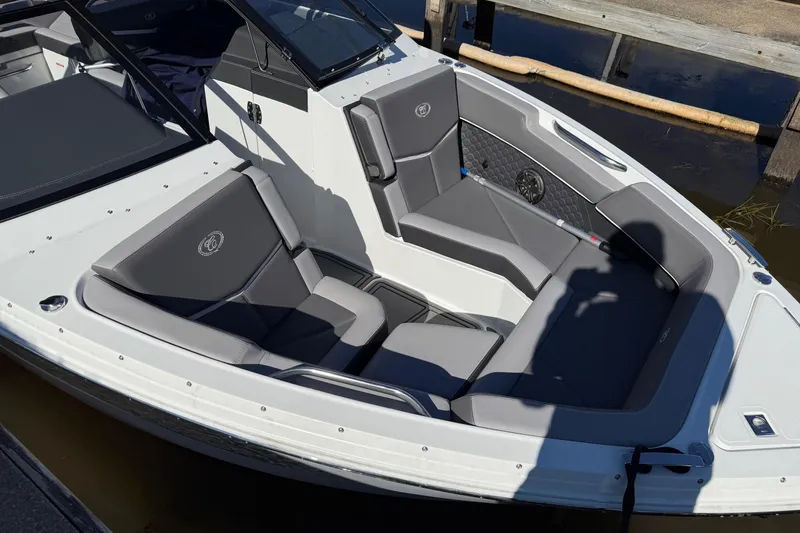 Slide: The Image of 2021 Cobalt R6 Surf boat with sleek gray seating and modern design. - 4