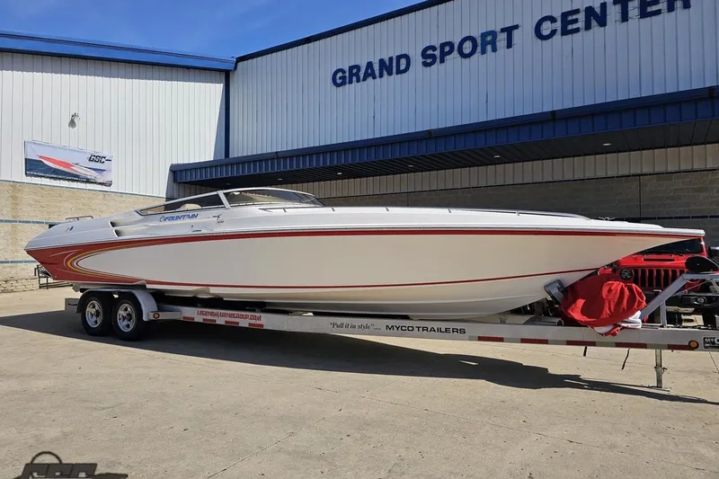 Slide: The Image of 2007 Fountain 35 Lightning boat on trailer at Grand Sport Center. - 14