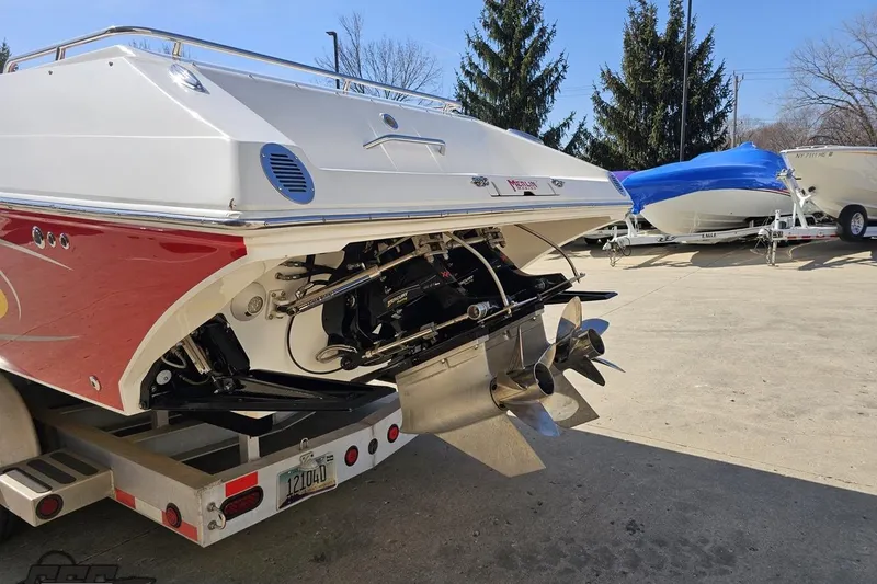 Slide: The Image of 2007 Fountain 35 Lightning boat on trailer, showcasing powerful dual propellers. - 28