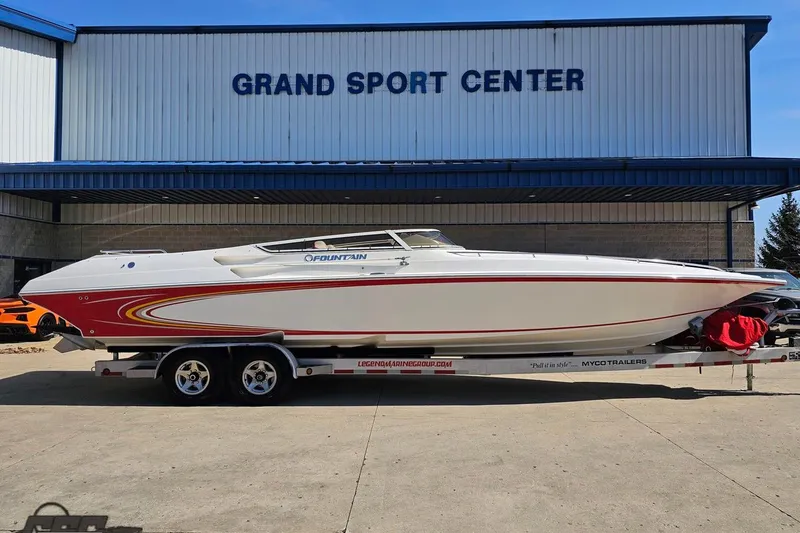 Slide: The Image of 2007 Fountain 35 Lightning boat on trailer at Grand Sport Center. - 3